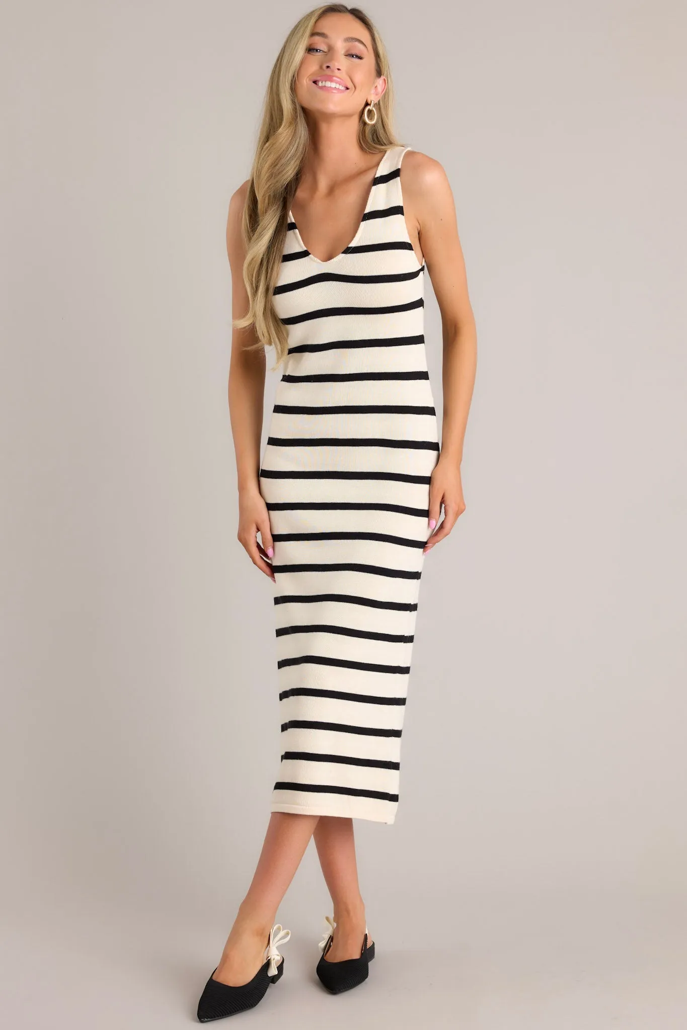 Monochrome Melody Black Stripe Midi Dress