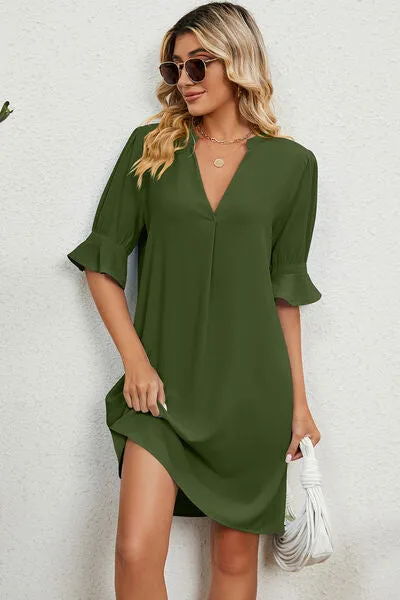 Notched Flounce Sleeve Mini Dress