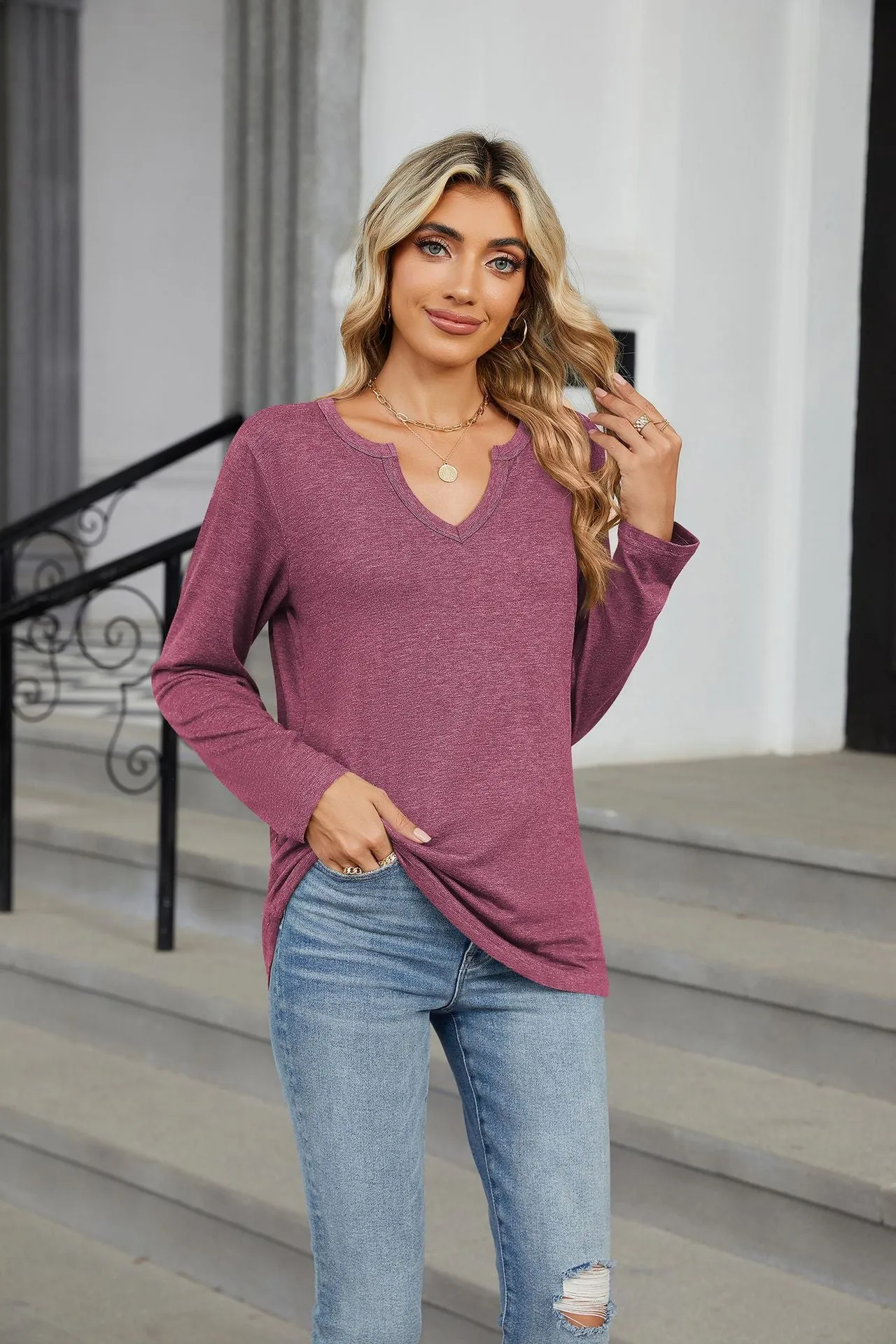 Notched Long Sleeve T-Shirt