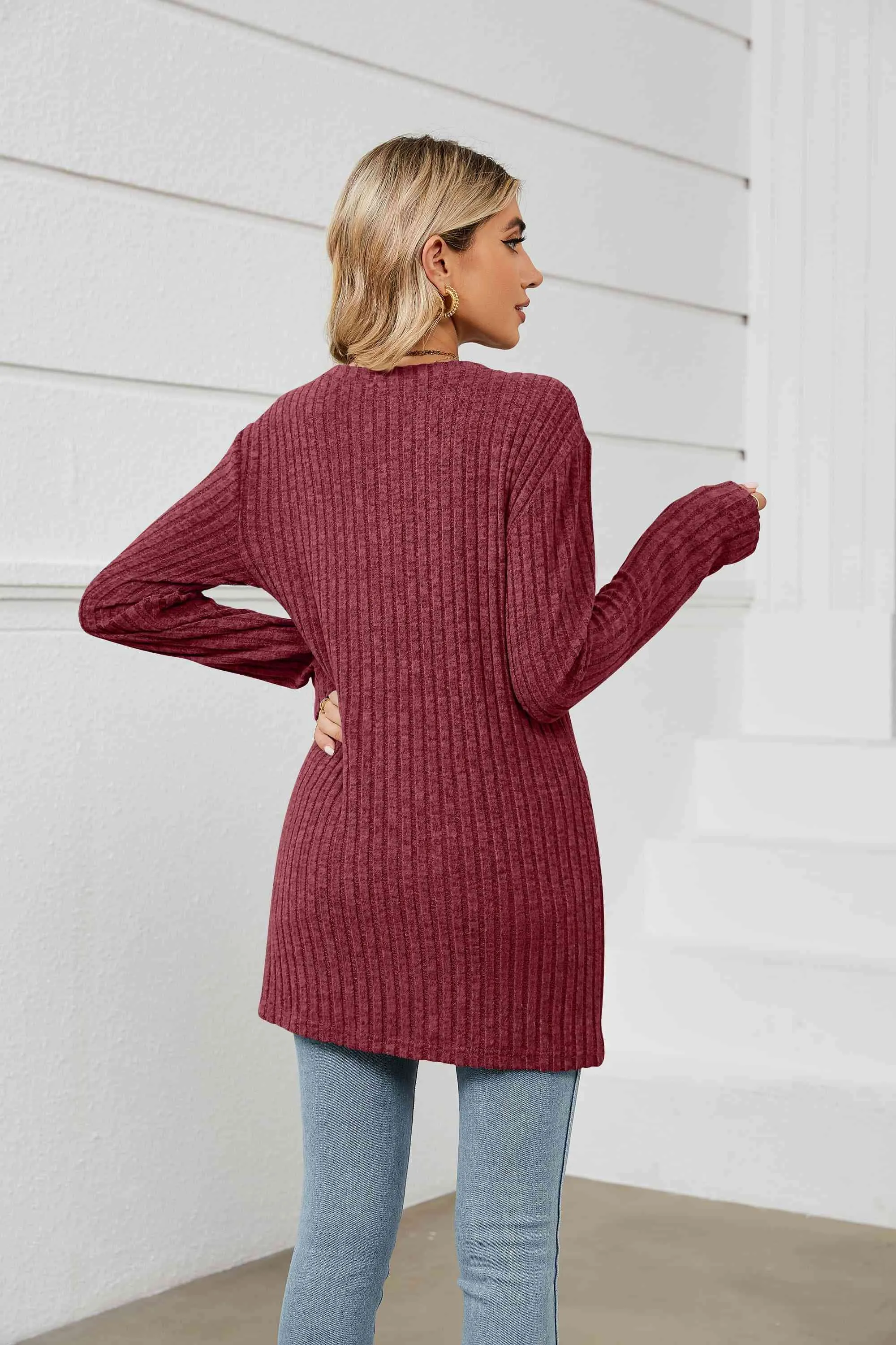 Notched Neck Ribbed Long Sleeve T-Shirt