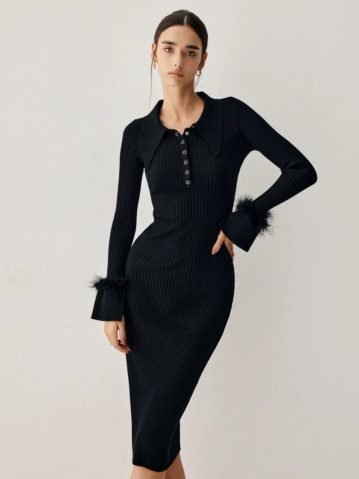 Open Collar Fuzzy Hem Modern Long Sleeve Midi Sweater Dress