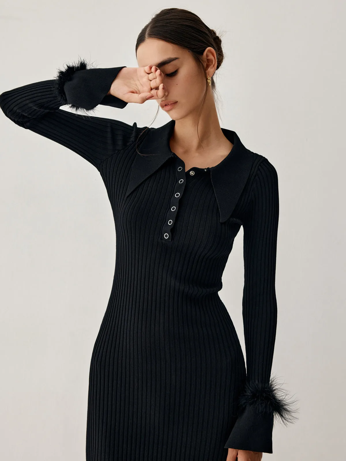 Open Collar Fuzzy Hem Modern Long Sleeve Midi Sweater Dress