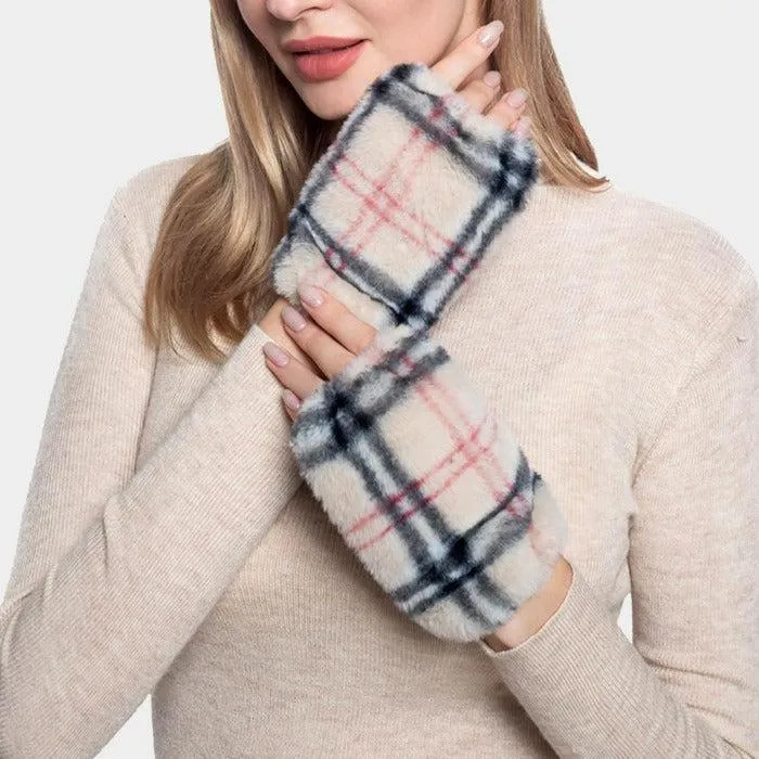 Plaid Check Patterned Faux Fur Fingerless Gloves