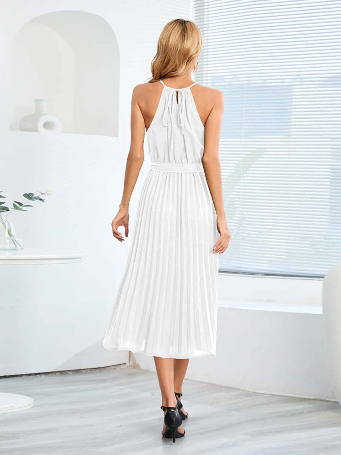 Pleated Spaghetti Strap Tie Waist Midi Dress