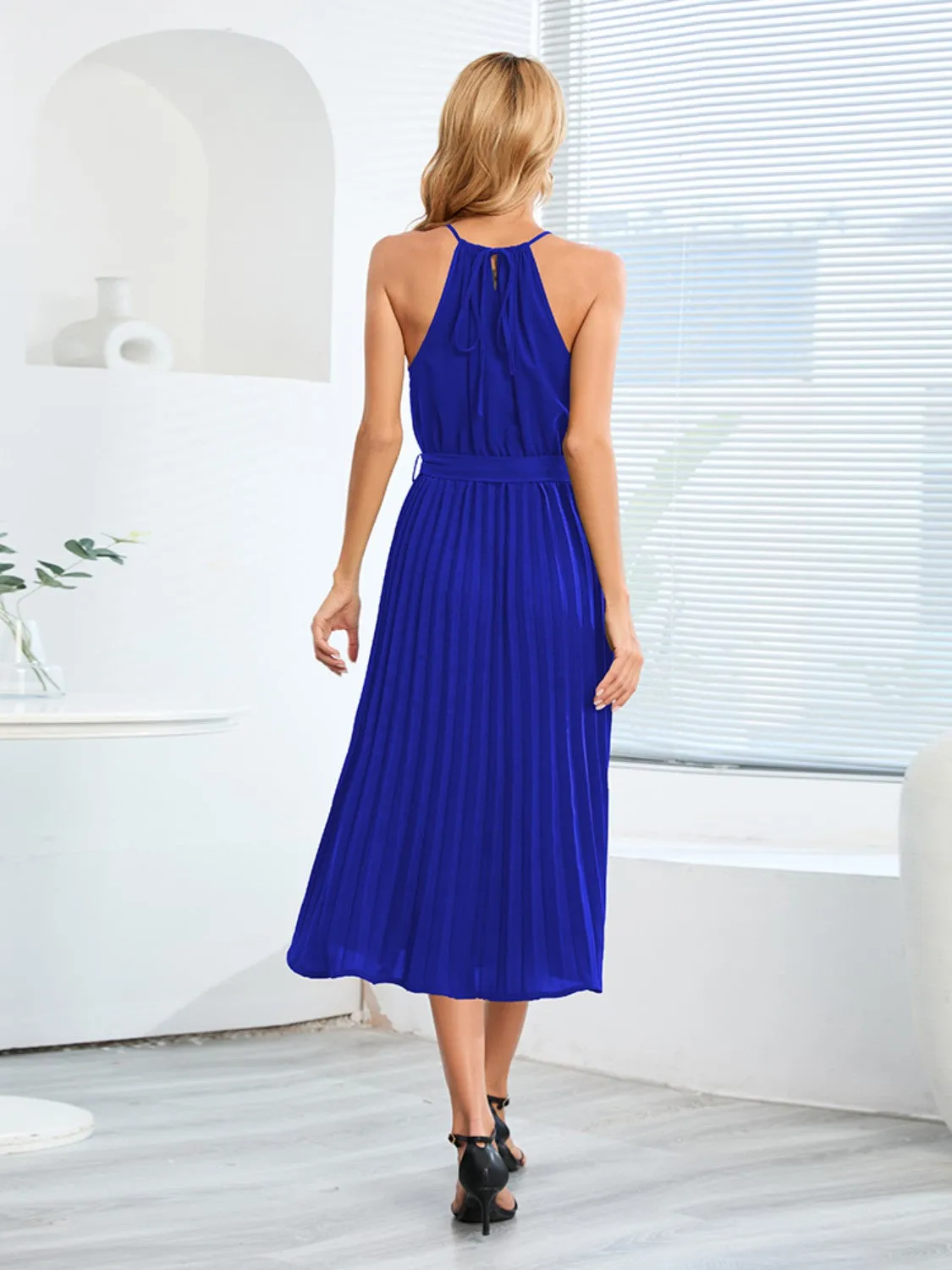 Pleated Spaghetti Strap Tie Waist Midi Dress