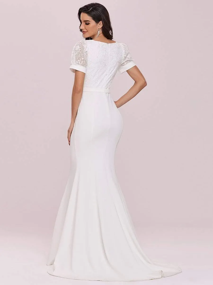 Plunge Neck Lace Bodice Floor Length Fishtail Wedding Dress