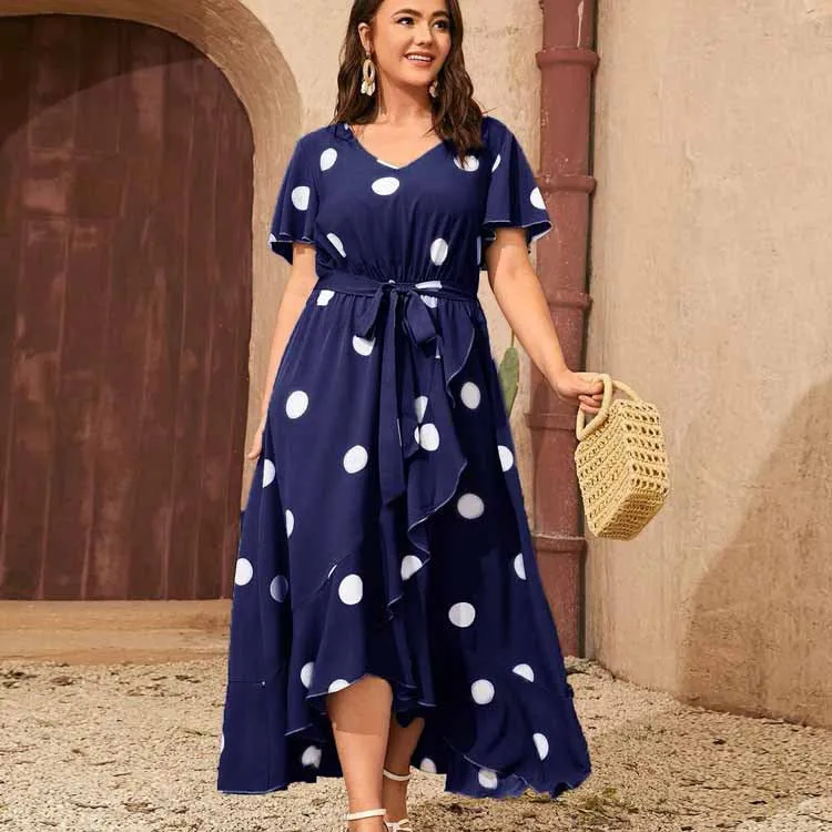 Plus Size Polka Dot Elastic Waist Printed Dress