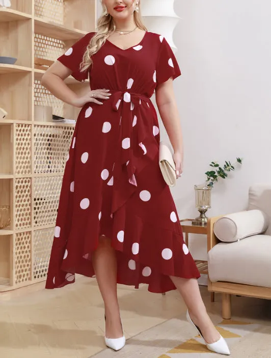 Plus Size Polka Dot Elastic Waist Printed Dress