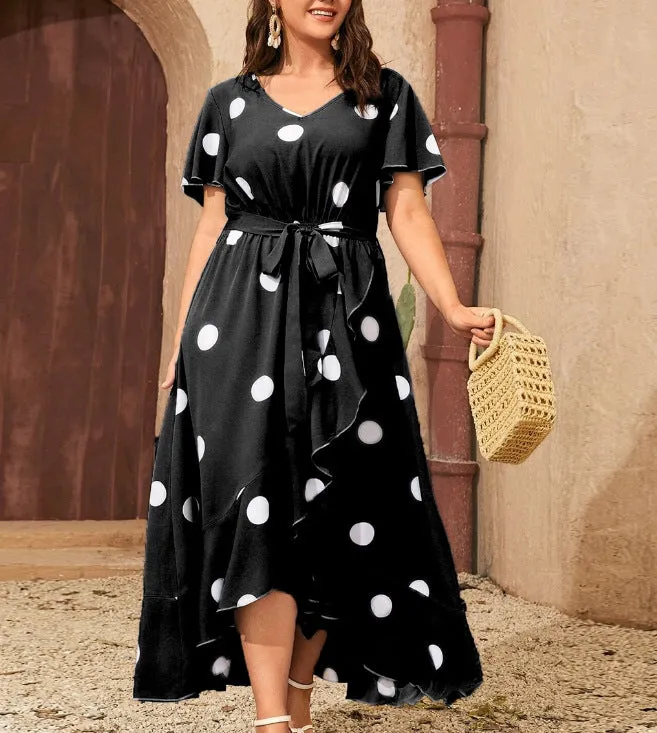 Plus Size Polka Dot Elastic Waist Printed Dress