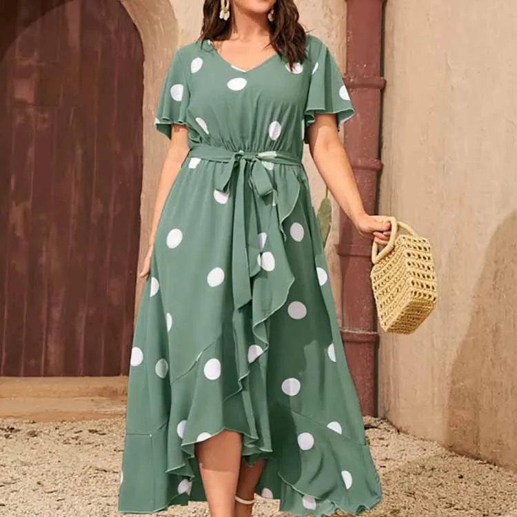 Plus Size Polka Dot Elastic Waist Printed Dress