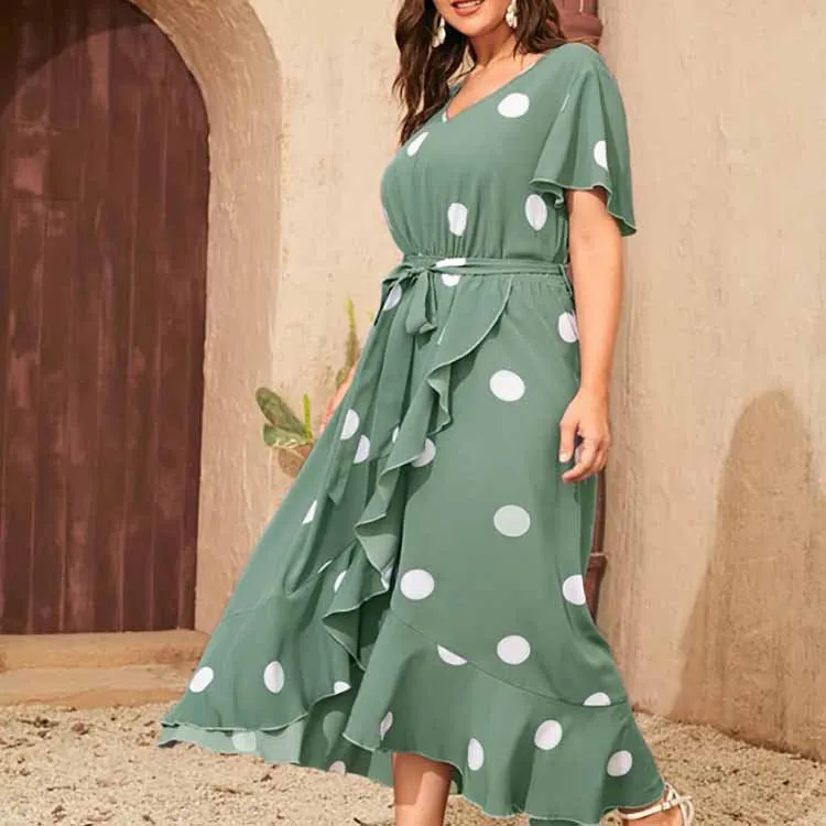 Plus Size Polka Dot Elastic Waist Printed Dress