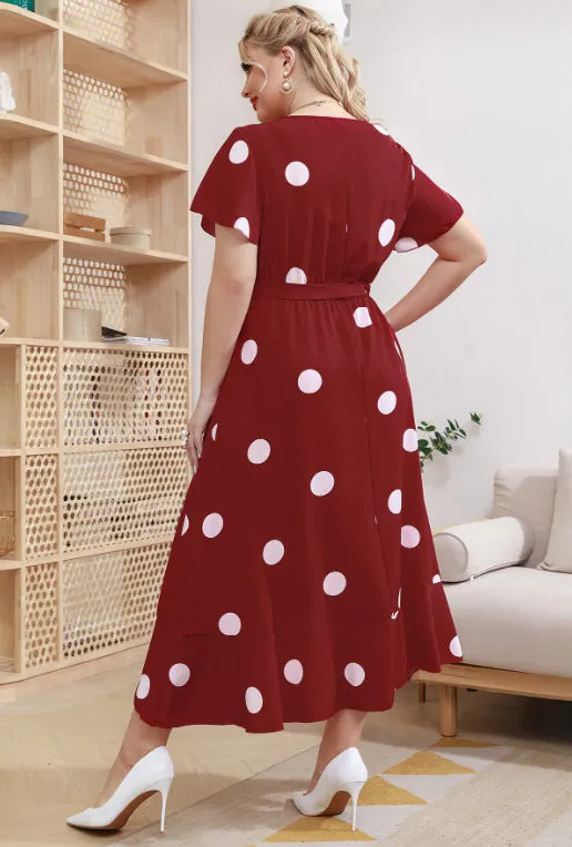 Plus Size Polka Dot Elastic Waist Printed Dress