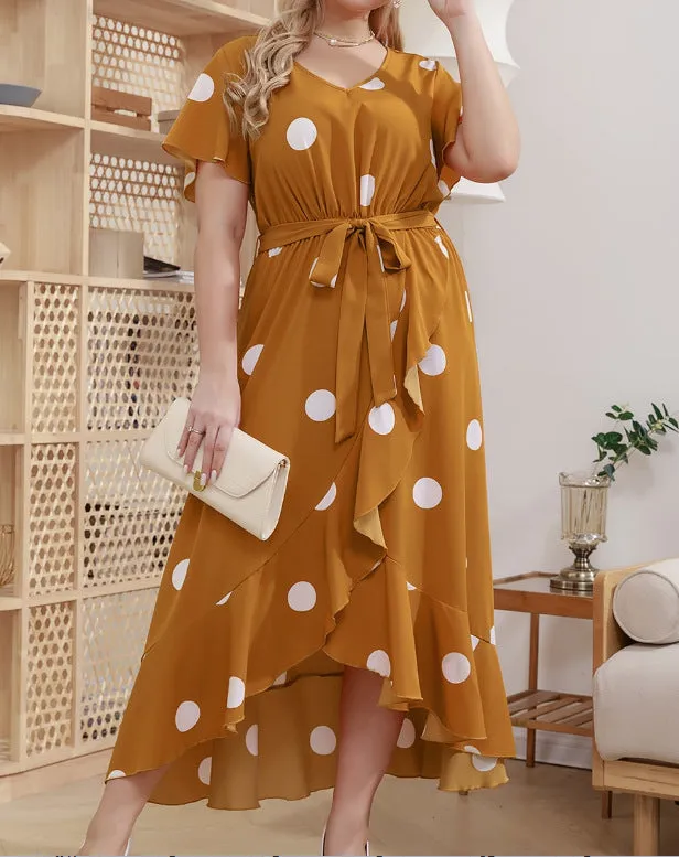 Plus Size Polka Dot Elastic Waist Printed Dress