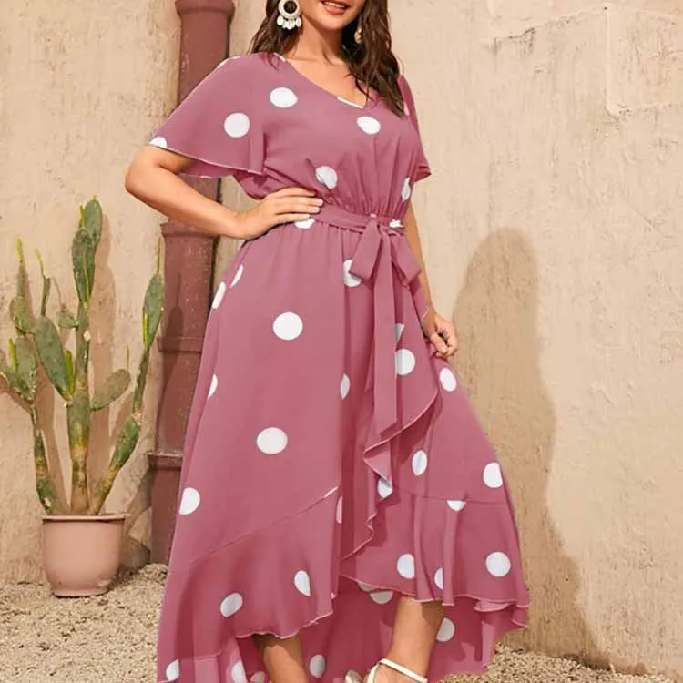 Plus Size Polka Dot Elastic Waist Printed Dress