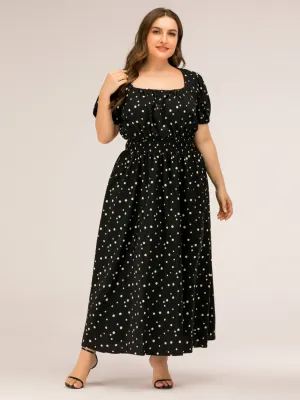 Plus Size Polka Dot Square Neck Dress