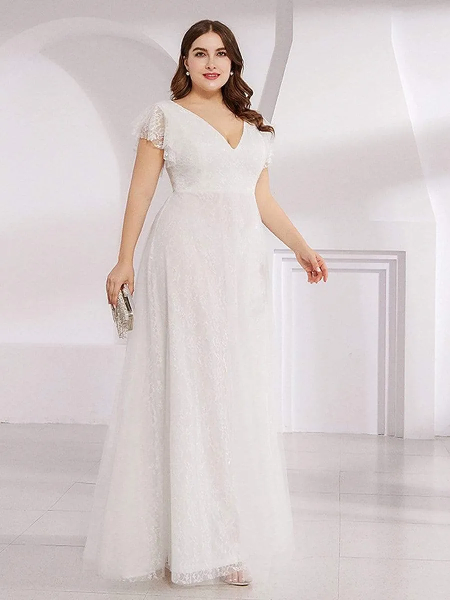 Plus Size Simple Lace Wedding Dress with Ruffle Sleeves