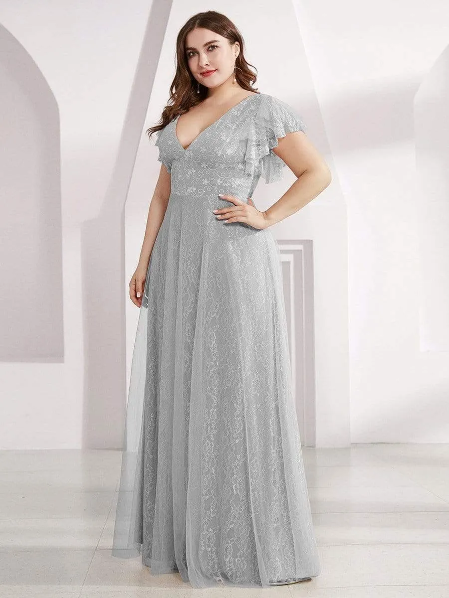 Plus Size Simple Lace Wedding Dress with Ruffle Sleeves