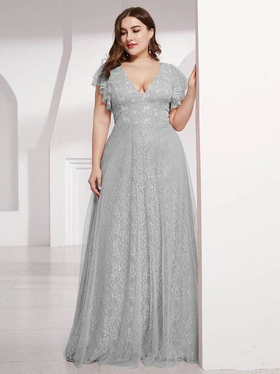 Plus Size Simple Lace Wedding Dress with Ruffle Sleeves