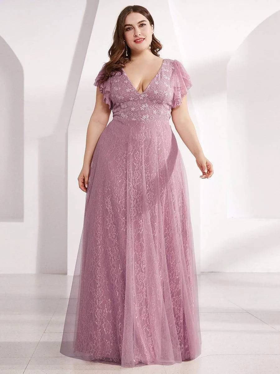 Plus Size Simple Lace Wedding Dress with Ruffle Sleeves