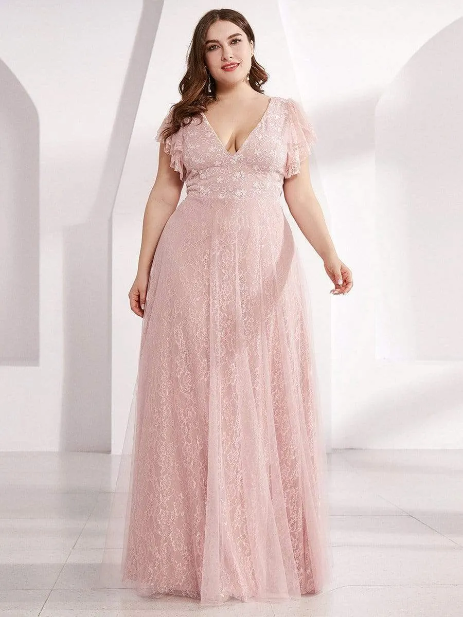 Plus Size Simple Lace Wedding Dress with Ruffle Sleeves