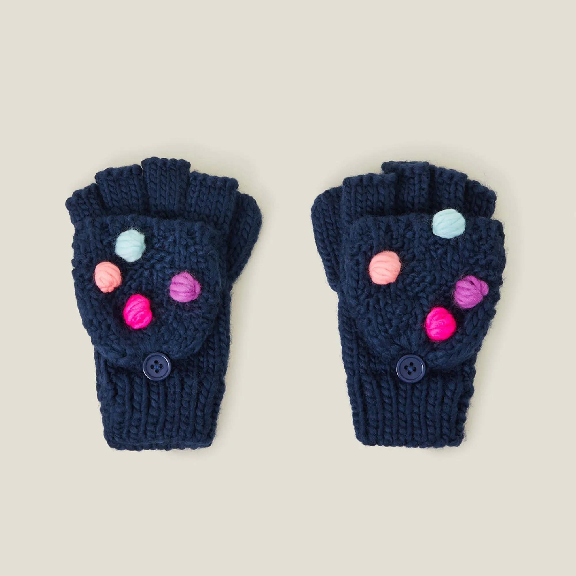 Pom Pom Fingerless Mitten Gloves Blue Set of 2 - 3-5 years