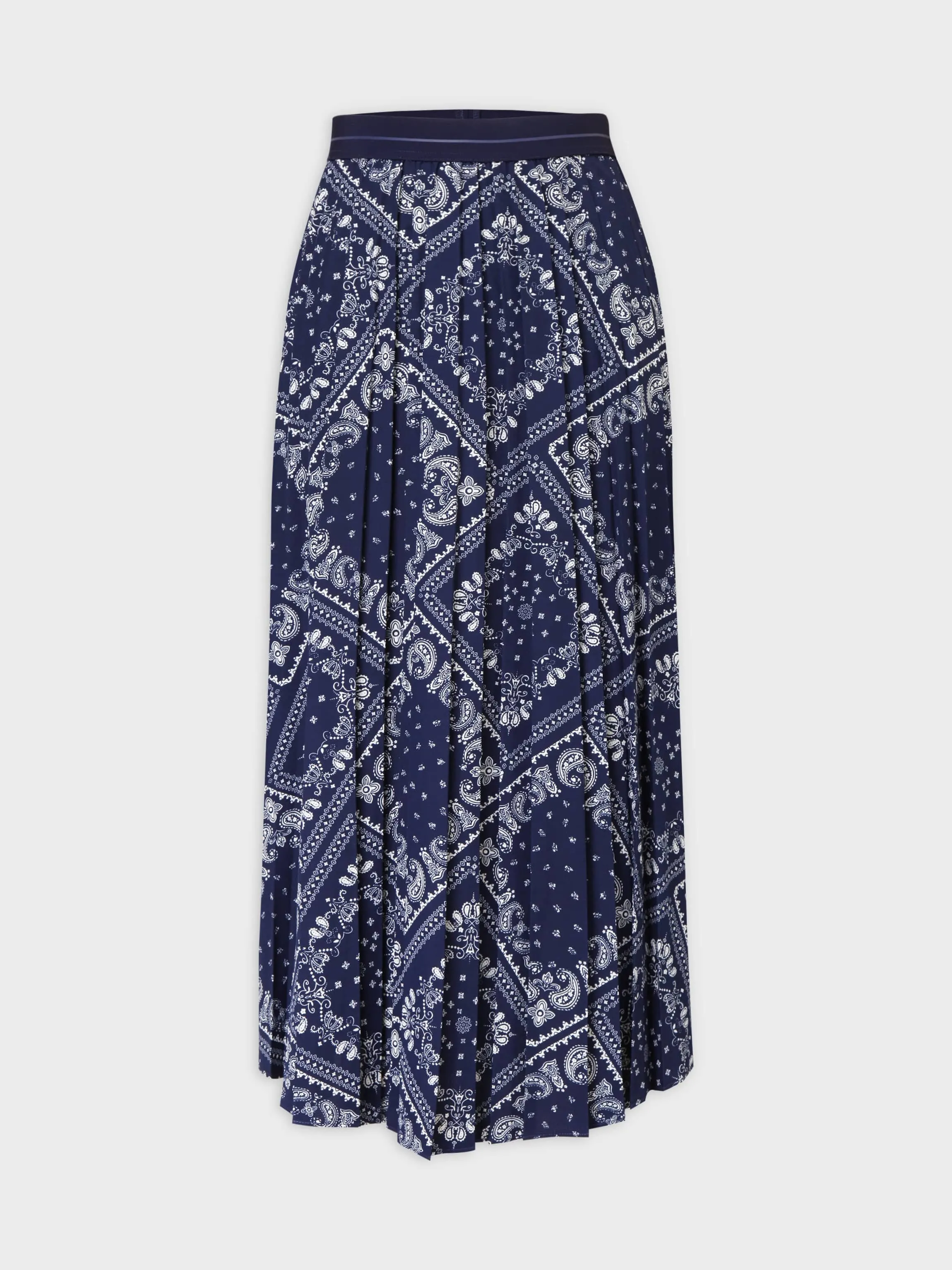 Printed Pleated Skirt 37"-Cream/Navy Paisley