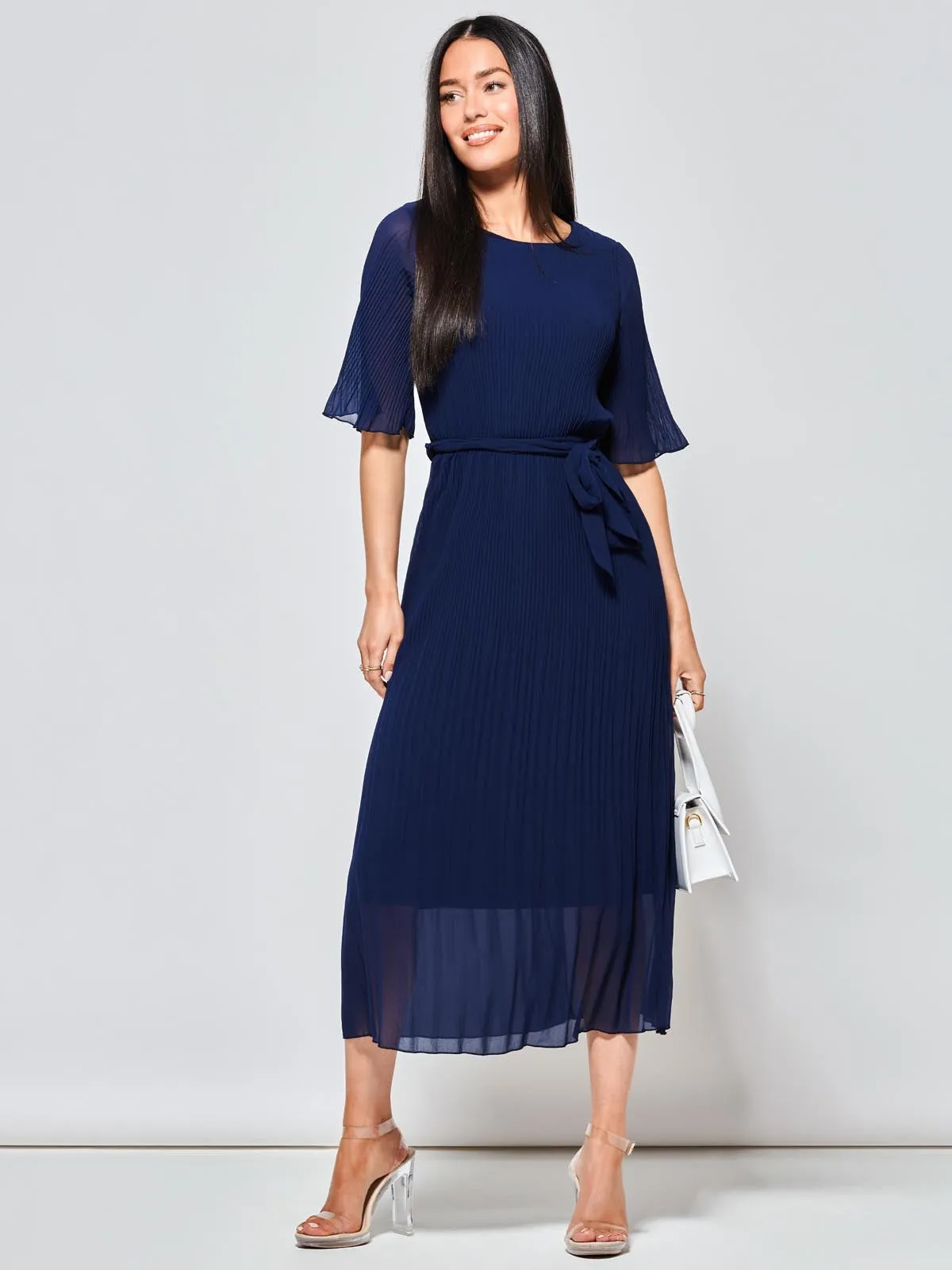 Qynn Chiffon Pleated Maxi Dress, Navy