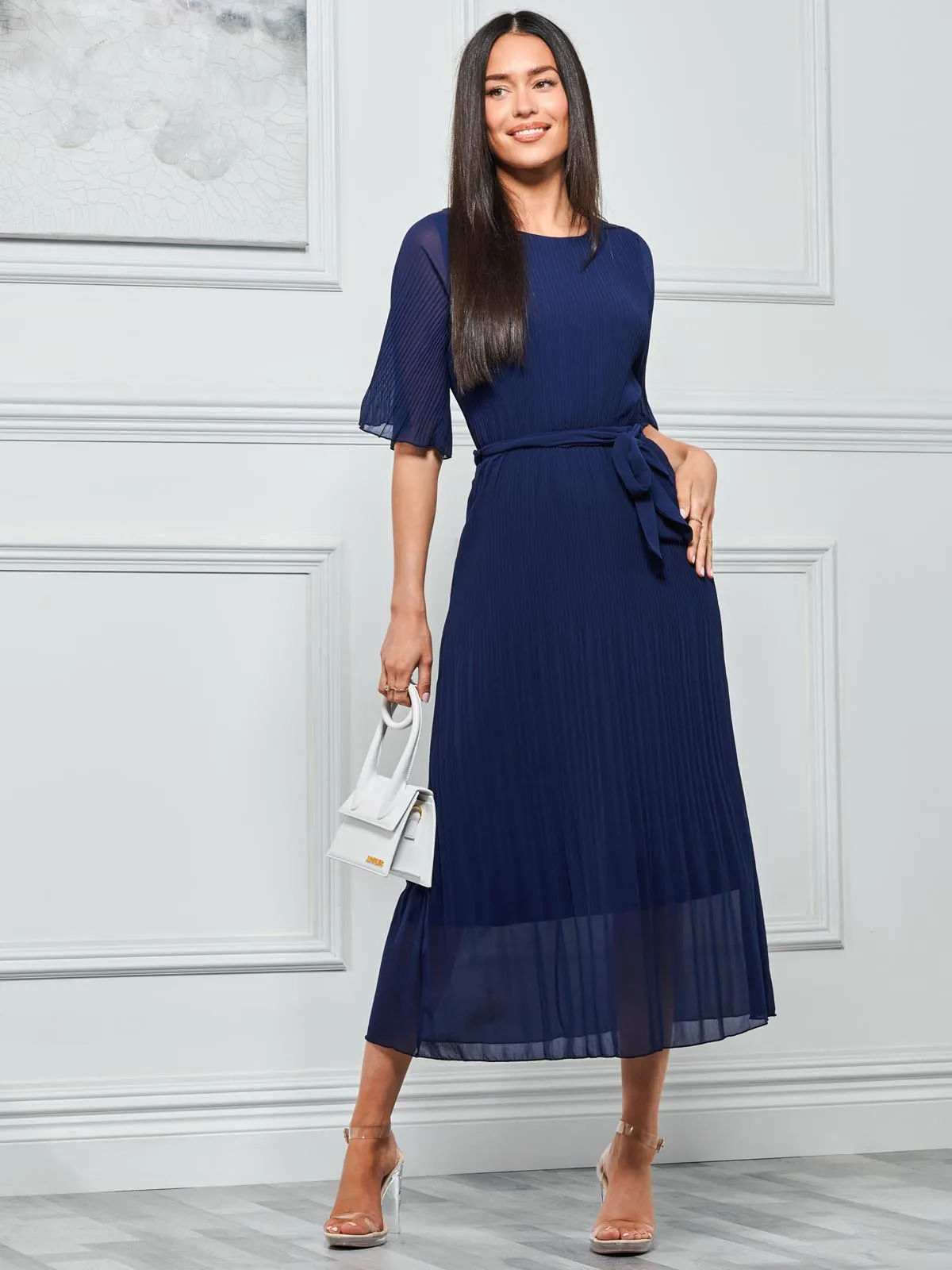 Qynn Chiffon Pleated Maxi Dress, Navy