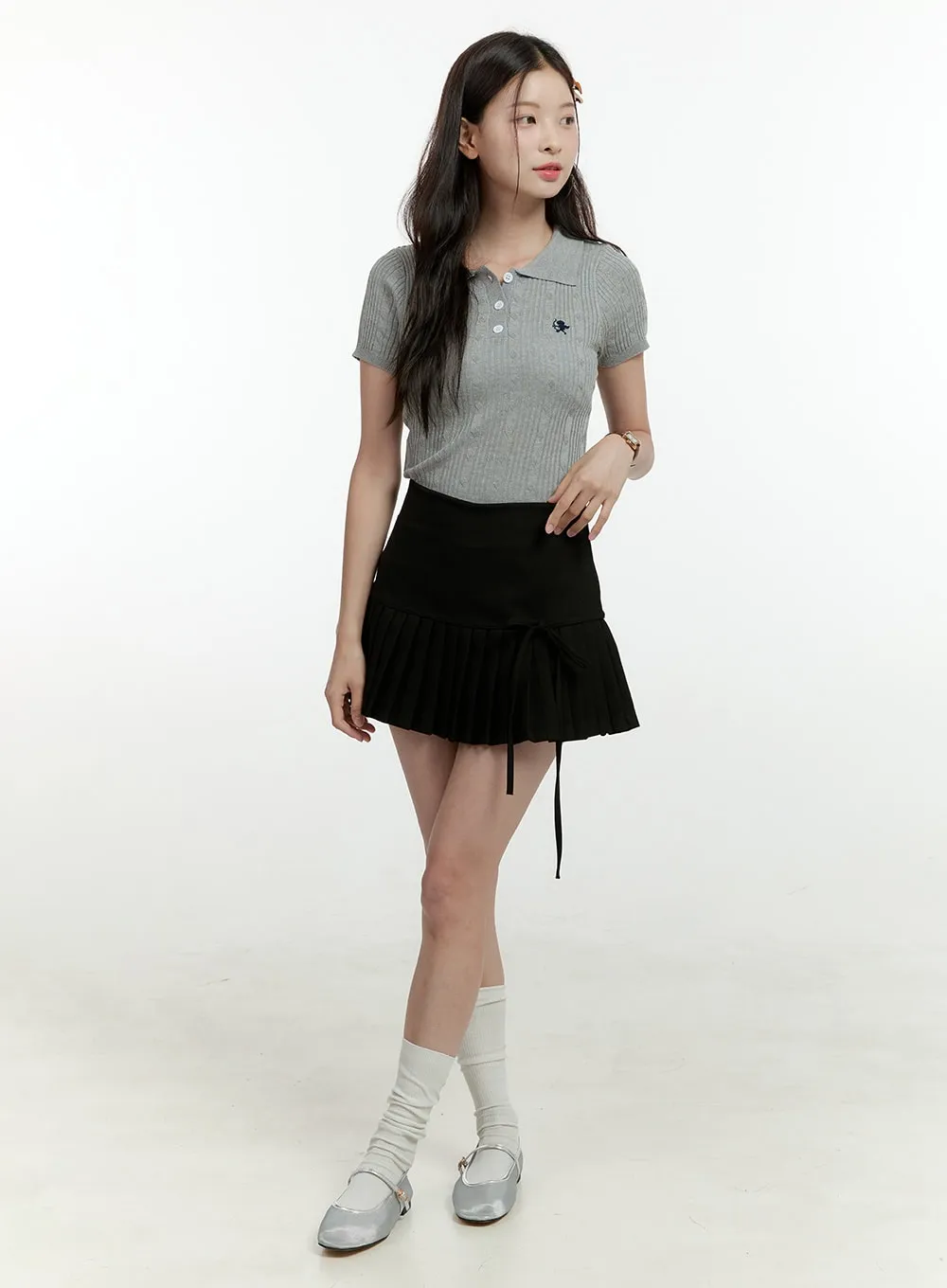 Ribbon Half Pleated Mini Skirt OL430