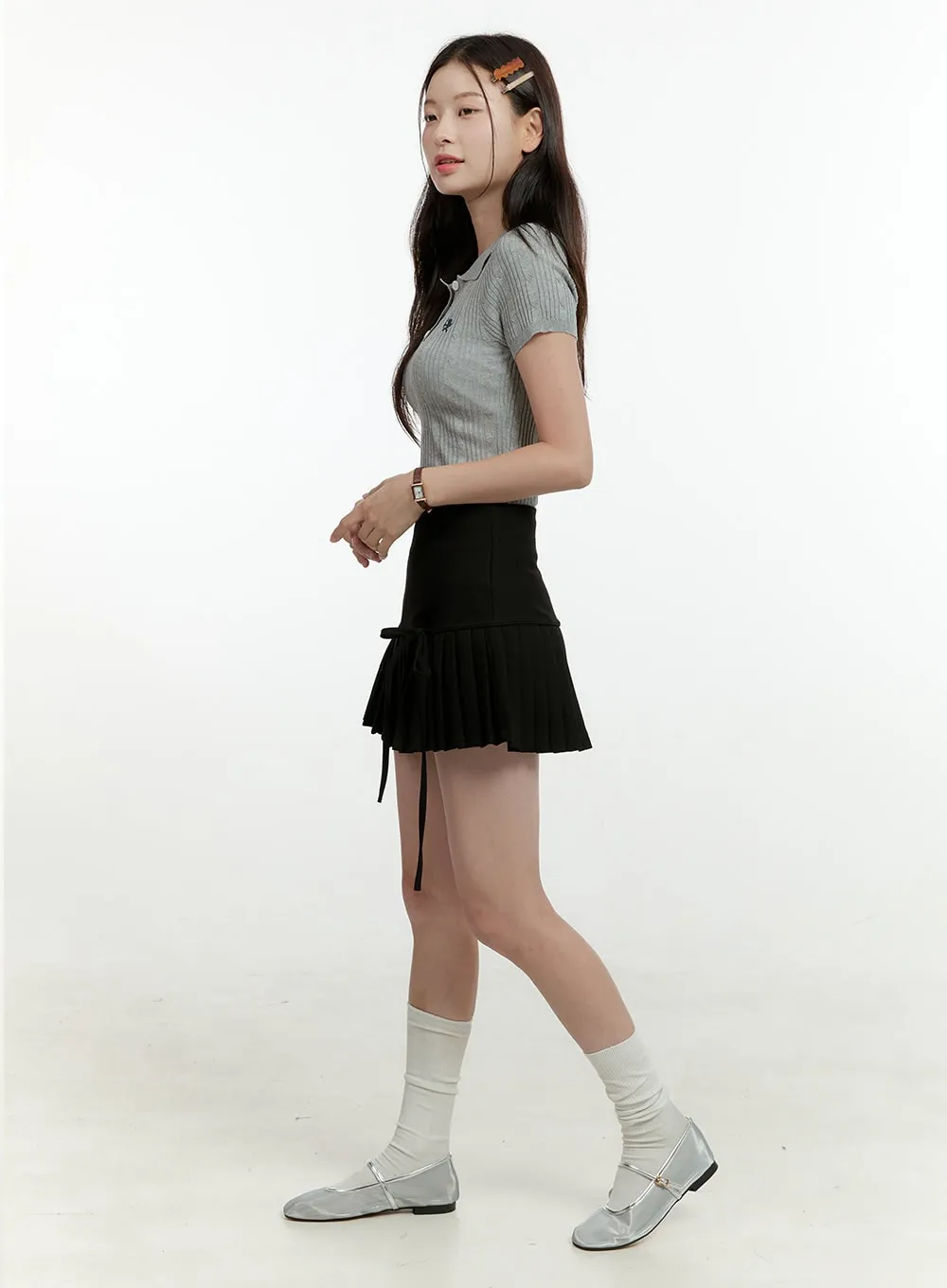 Ribbon Half Pleated Mini Skirt OL430