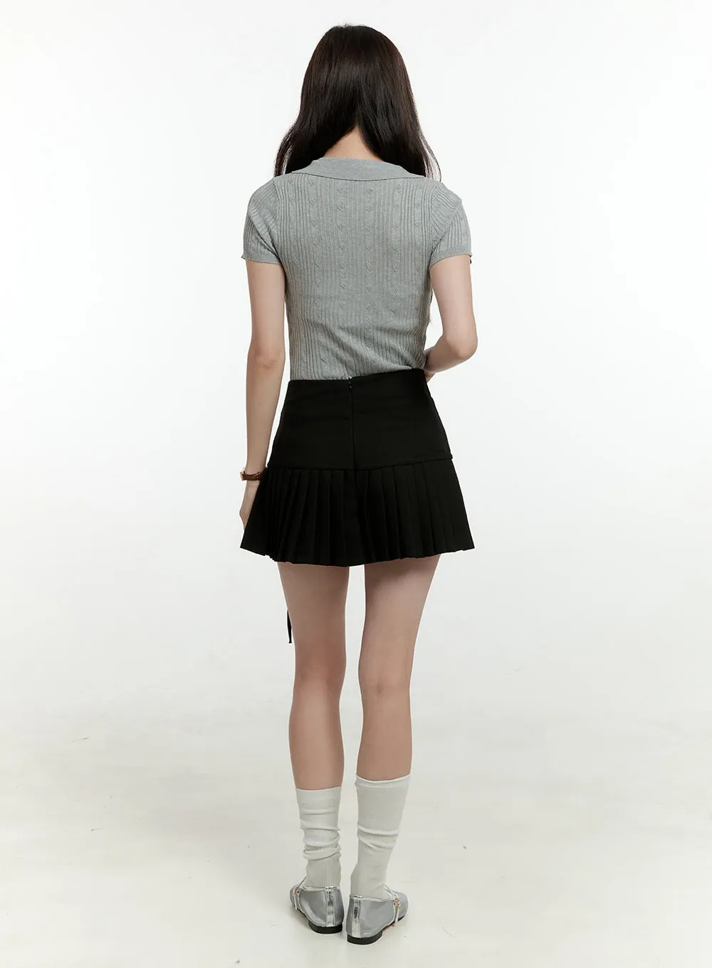 Ribbon Half Pleated Mini Skirt OL430