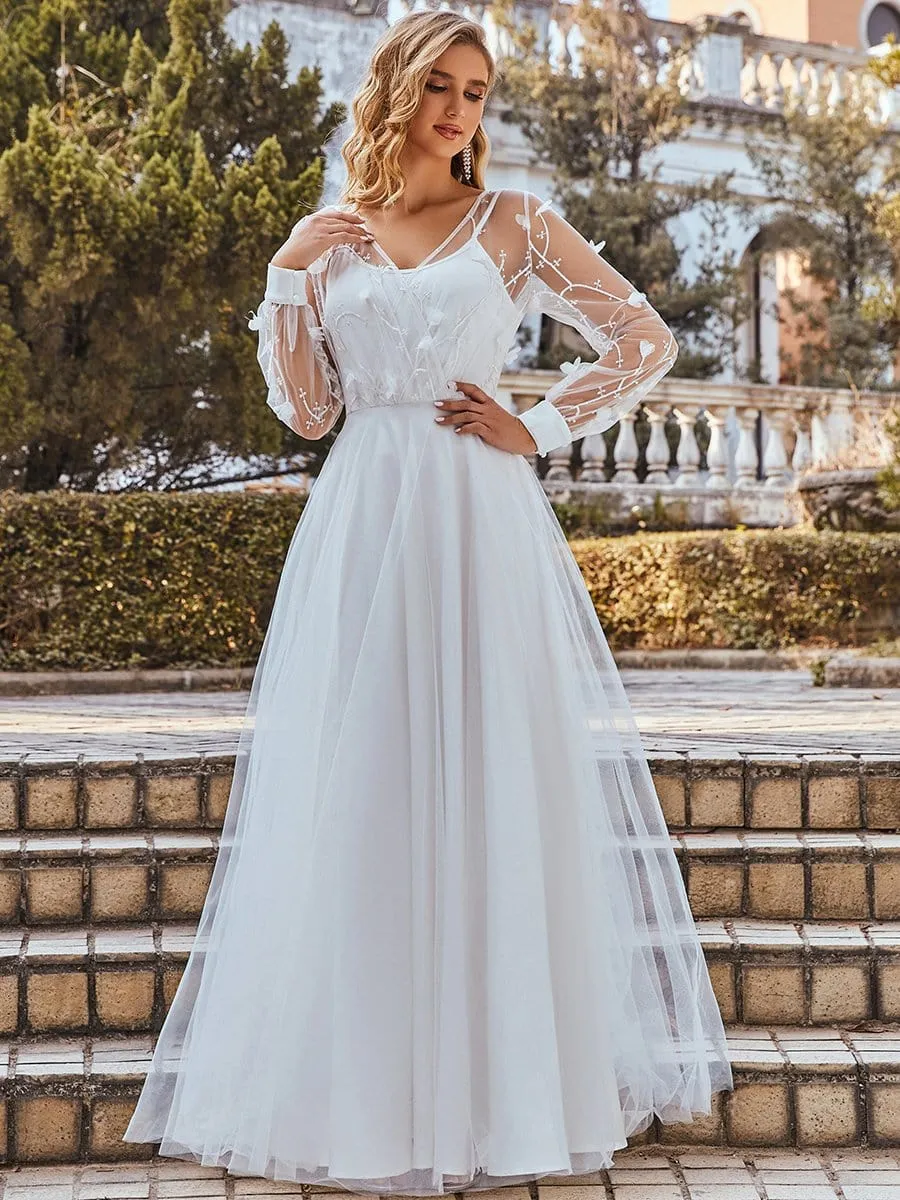 Romantic Sheer Bodice Lantern Sleeve Causal Tulle Wedding Dress