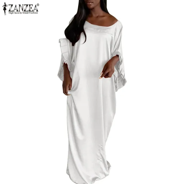 Ruffled Sleeve Satin Maxi Kaftan