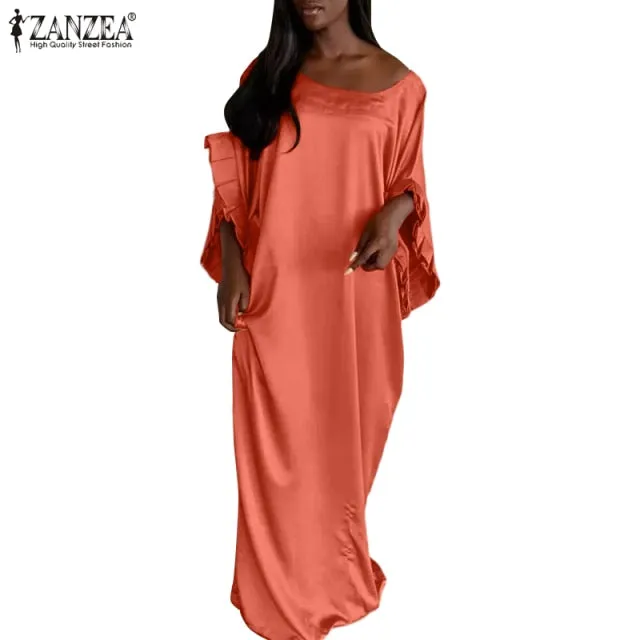 Ruffled Sleeve Satin Maxi Kaftan