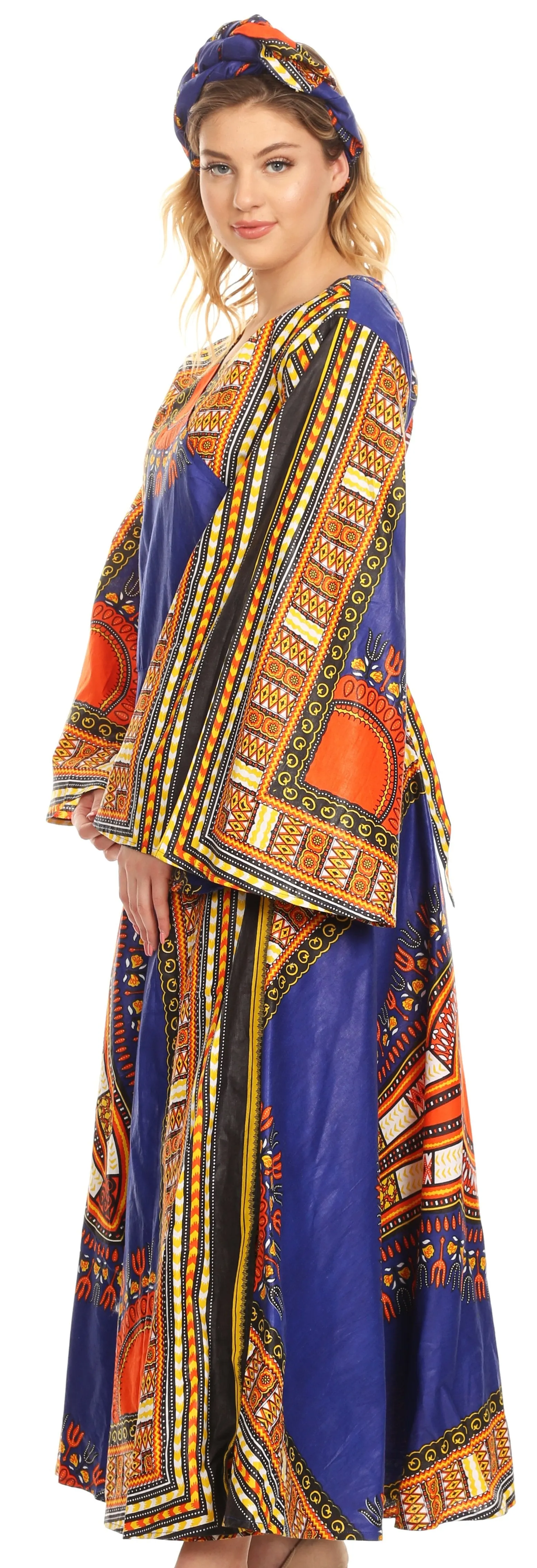 Sakkas Esteva Women's African Dashiki Print V neck Maxi Long Sleeve Wrap Dress