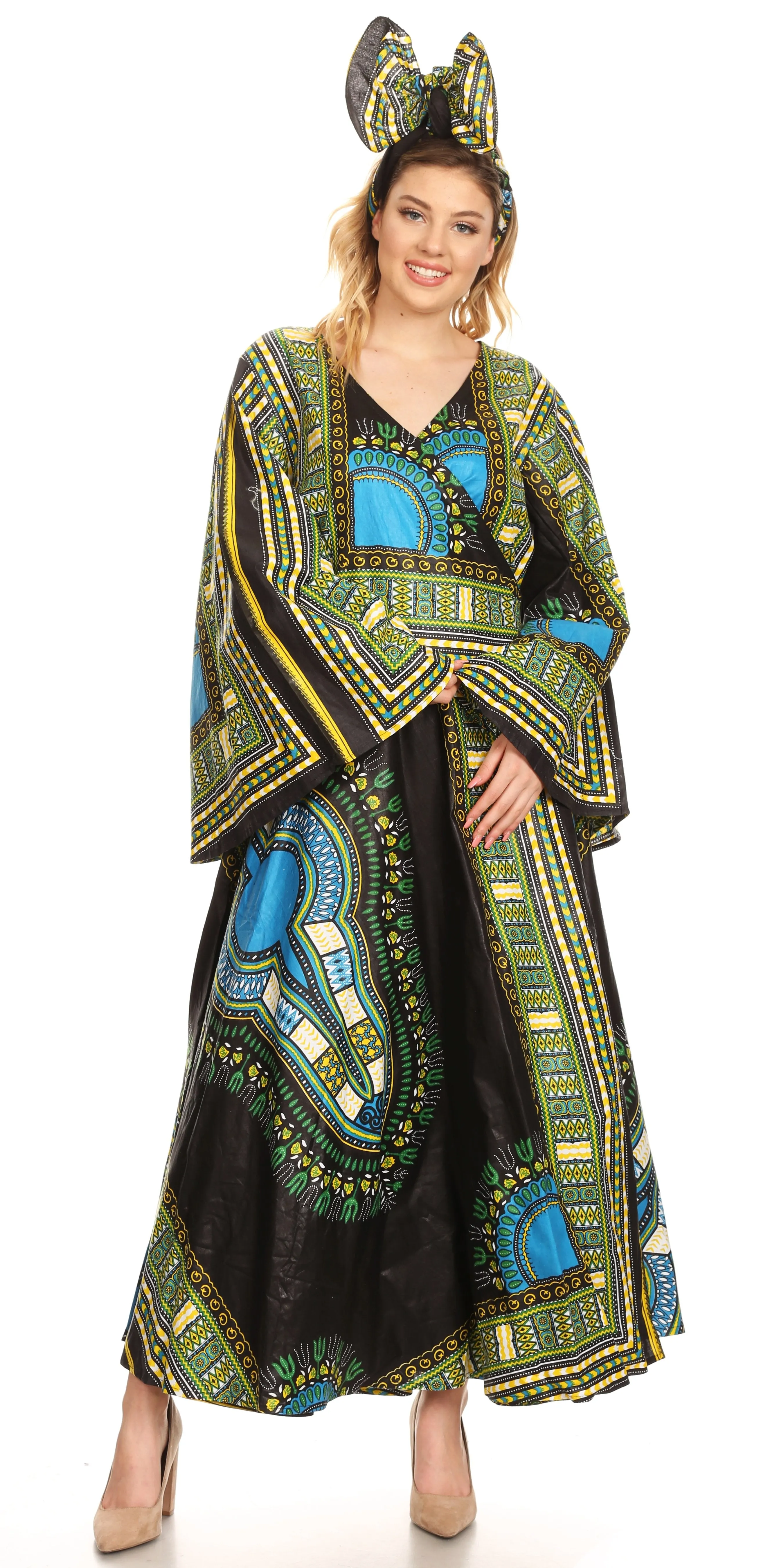 Sakkas Esteva Women's African Dashiki Print V neck Maxi Long Sleeve Wrap Dress