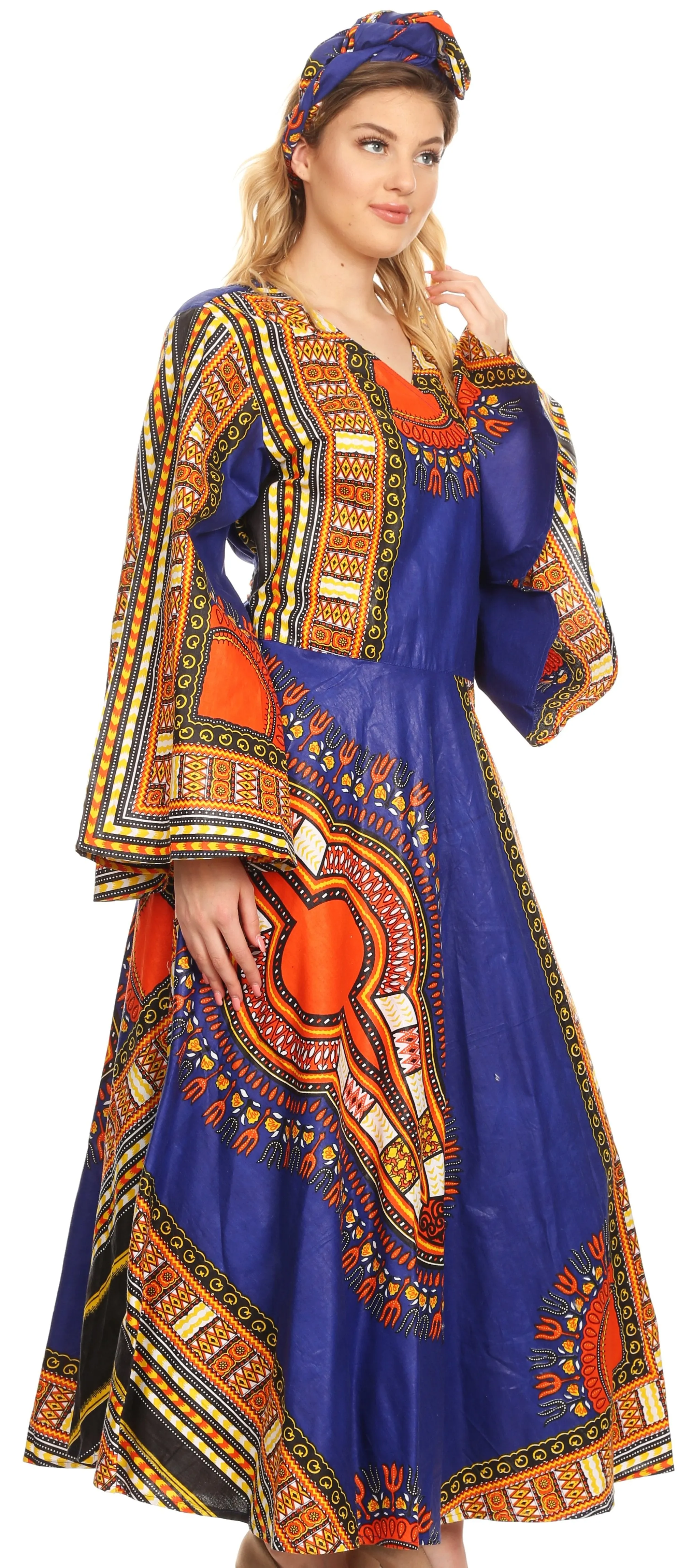 Sakkas Esteva Women's African Dashiki Print V neck Maxi Long Sleeve Wrap Dress