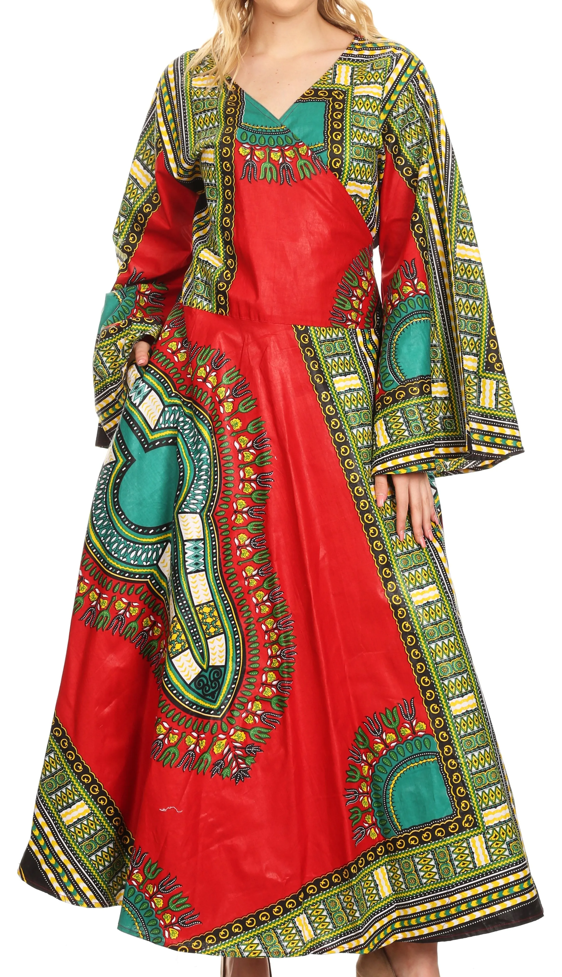 Sakkas Esteva Women's African Dashiki Print V neck Maxi Long Sleeve Wrap Dress