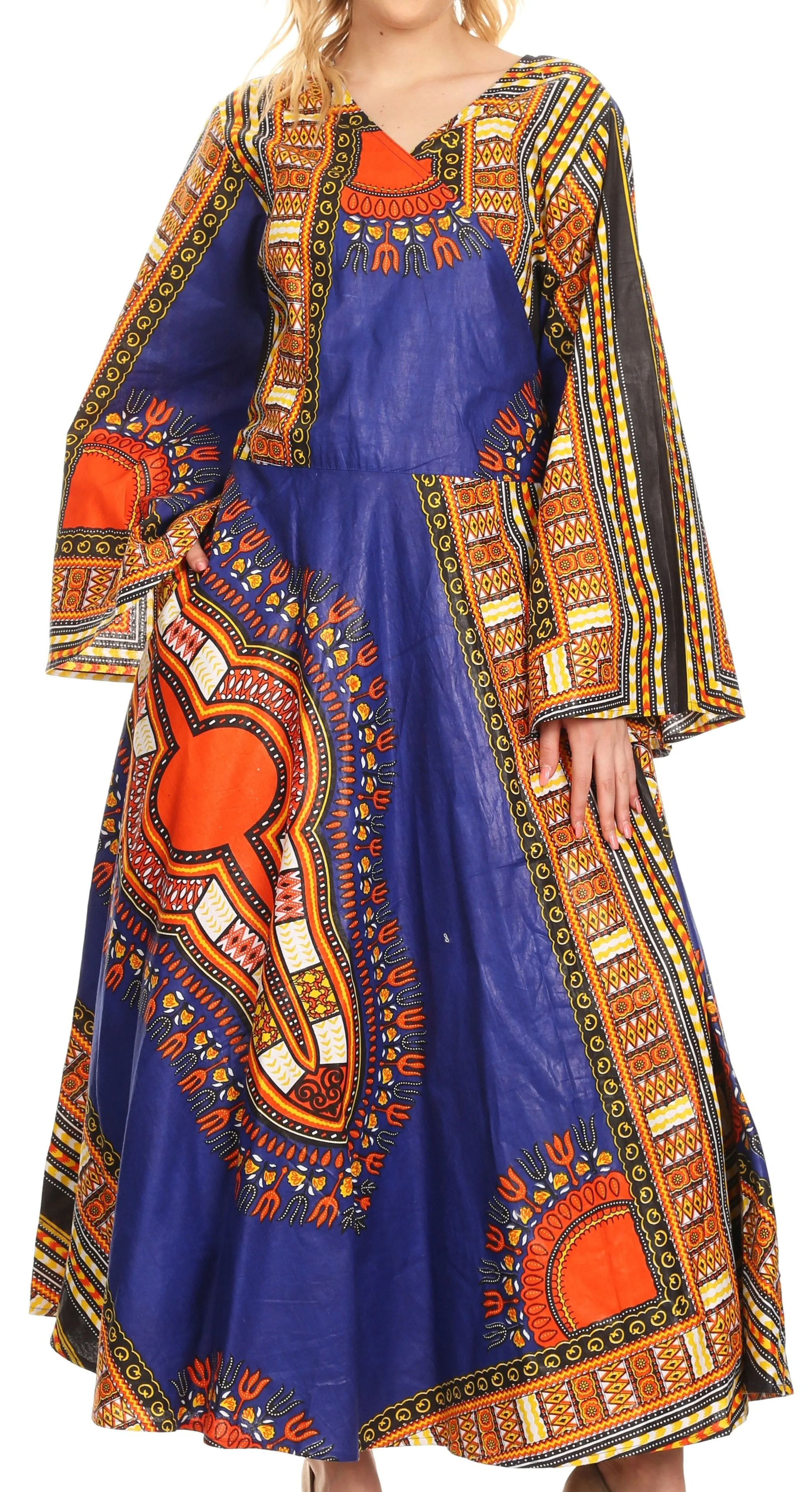 Sakkas Esteva Women's African Dashiki Print V neck Maxi Long Sleeve Wrap Dress