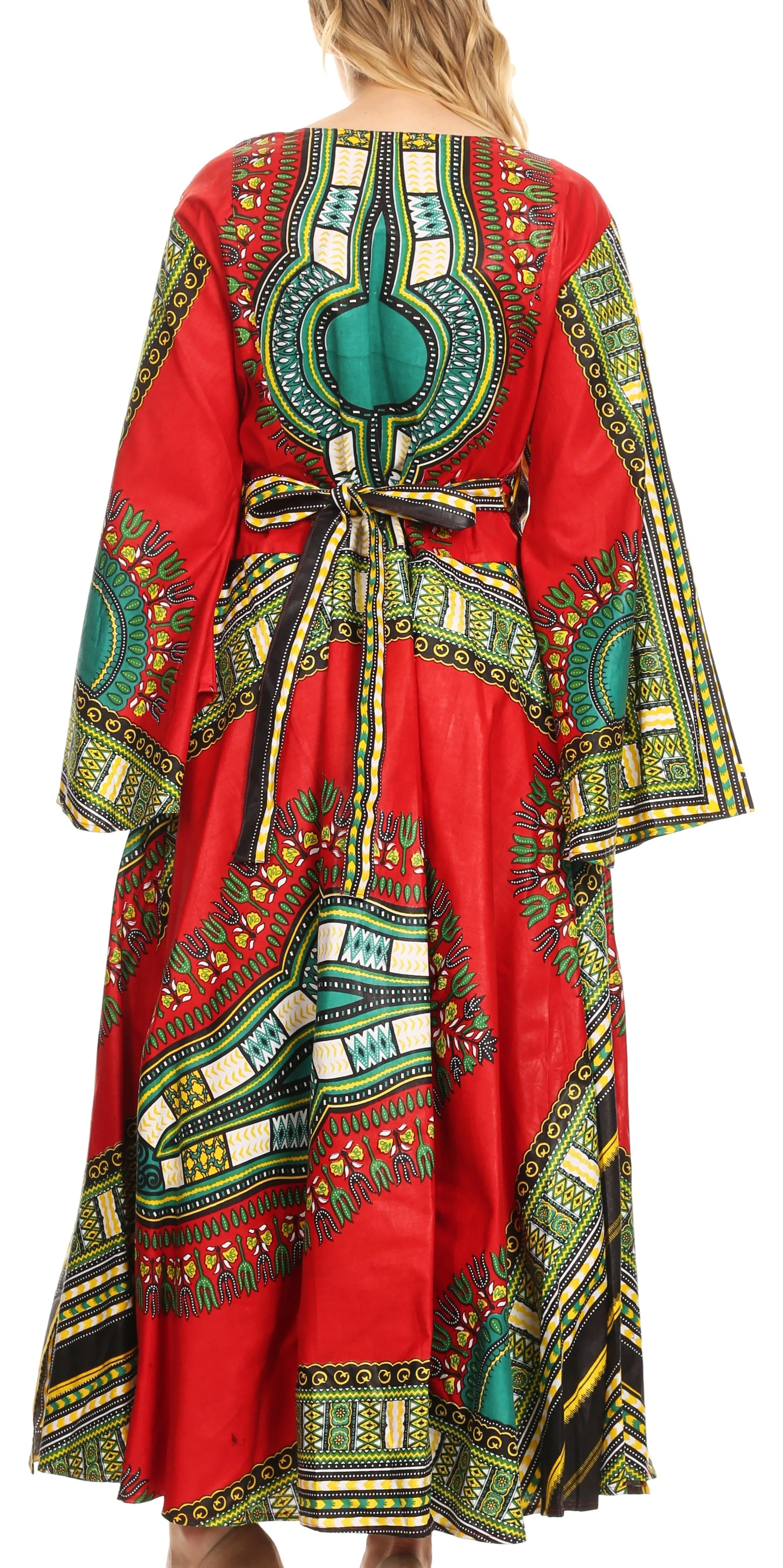 Sakkas Esteva Women's African Dashiki Print V neck Maxi Long Sleeve Wrap Dress