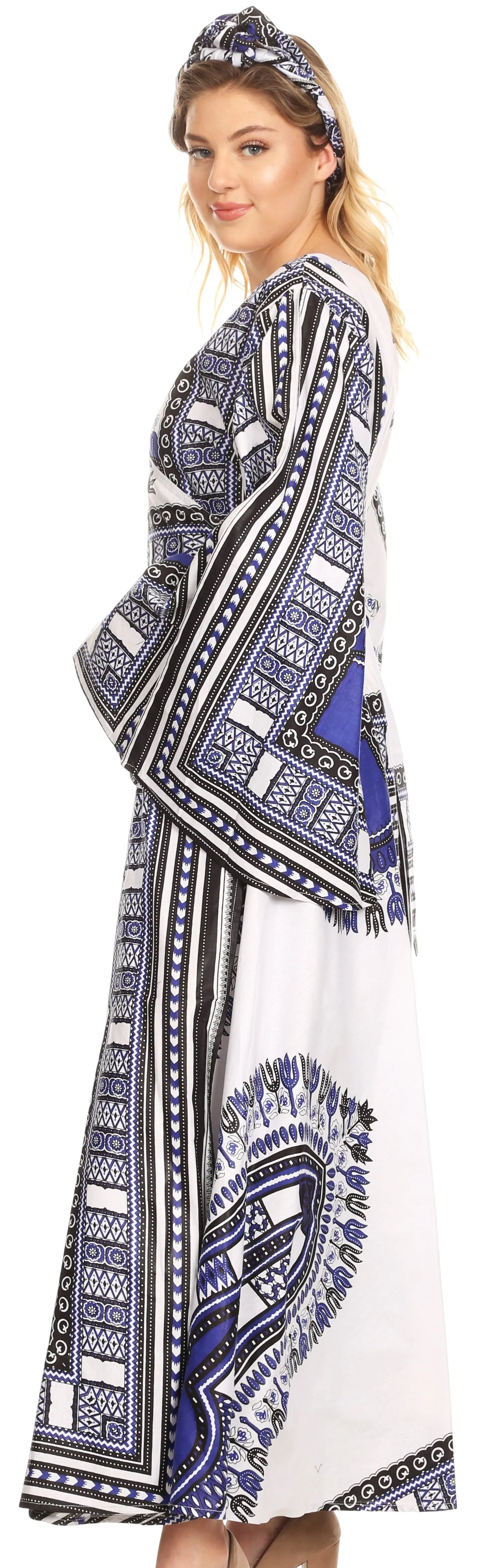 Sakkas Esteva Women's African Dashiki Print V neck Maxi Long Sleeve Wrap Dress