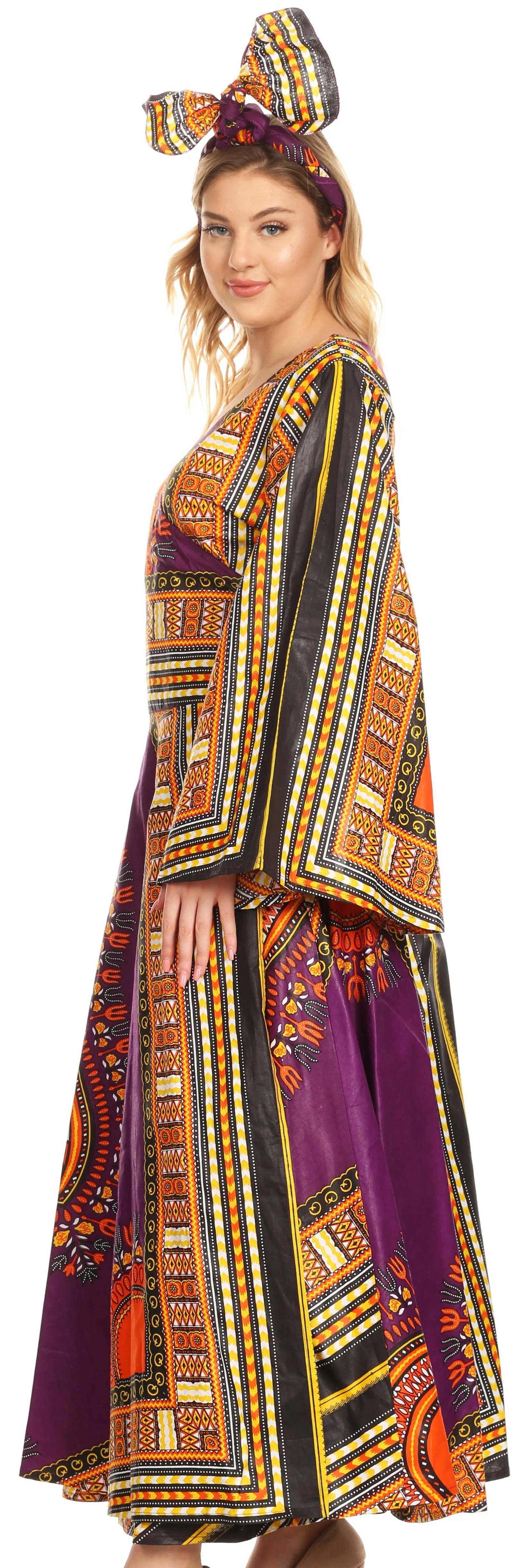 Sakkas Esteva Women's African Dashiki Print V neck Maxi Long Sleeve Wrap Dress