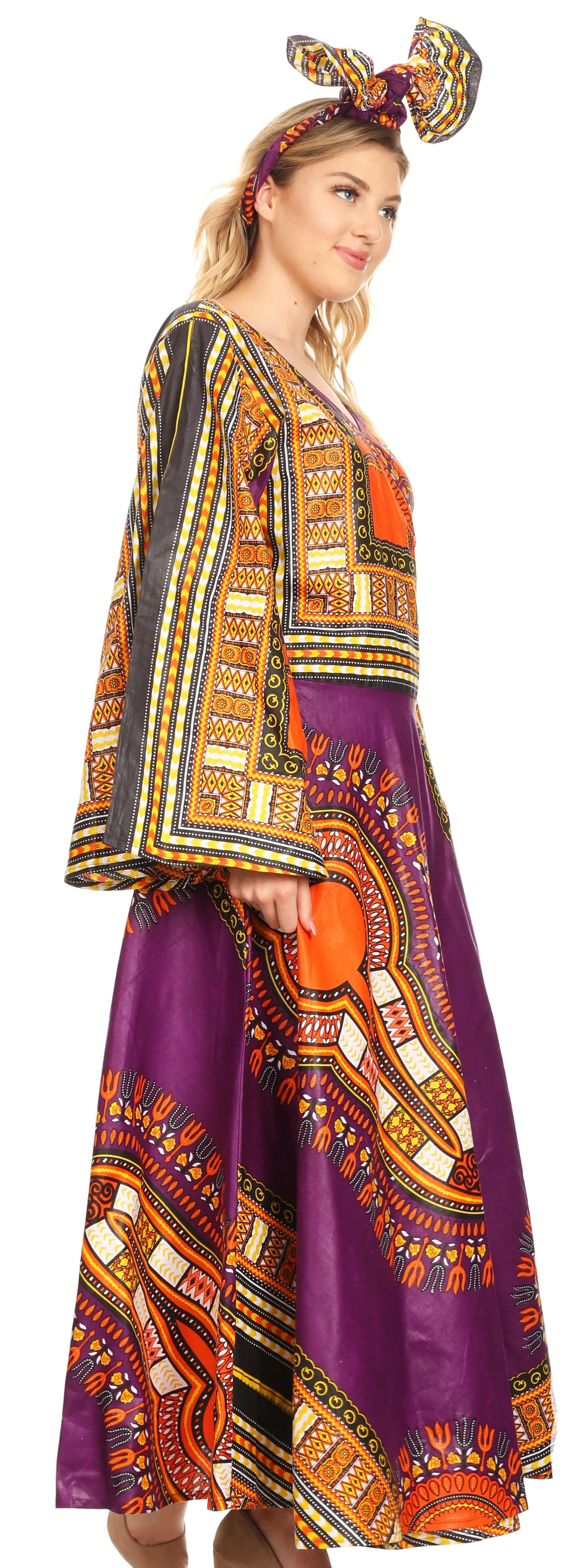 Sakkas Esteva Women's African Dashiki Print V neck Maxi Long Sleeve Wrap Dress