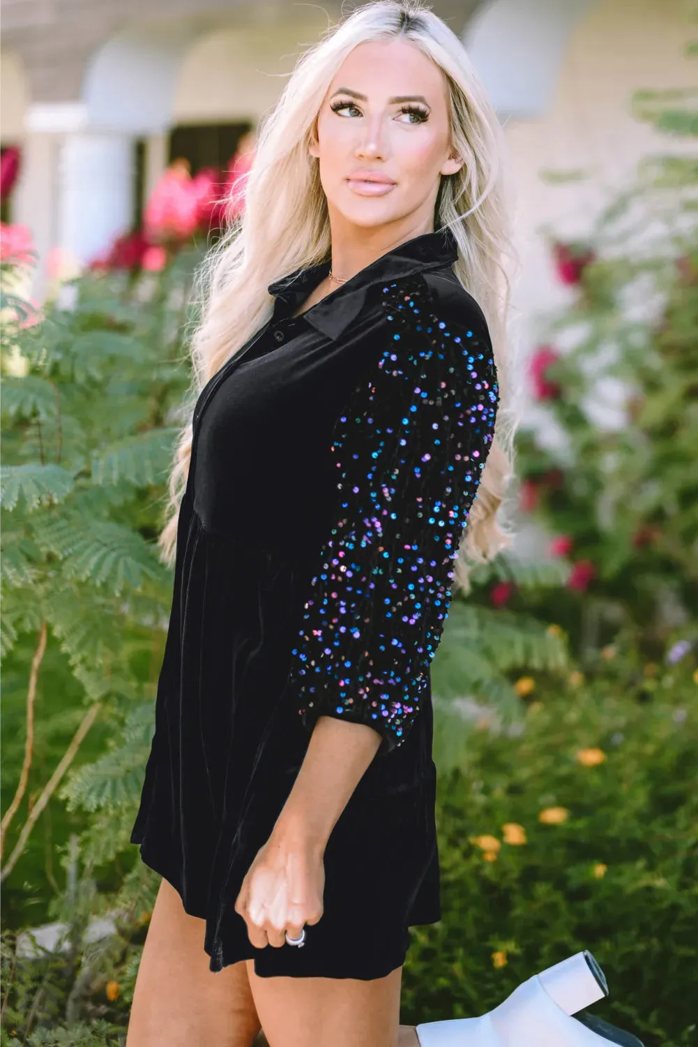 Sequin Collared Neck Three-Quarter Sleeve Oversize Shirt