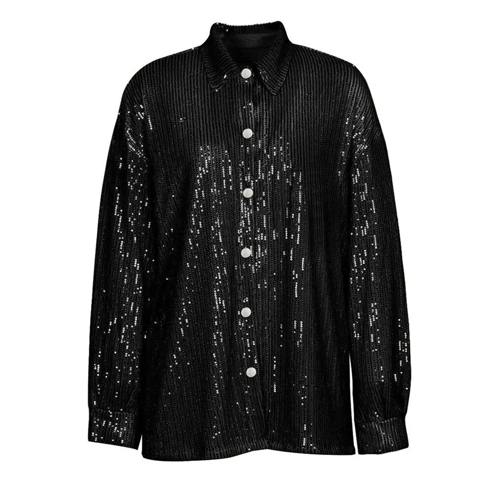 Sexy Blouses Sequins Shirt Pink Top Women Green Single Breasted Oversized Shirt Autumn Winter Party Club Outfits Y2K Clothes