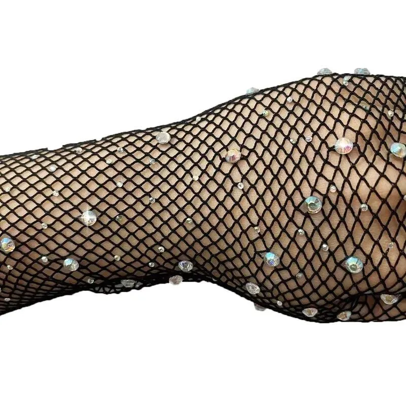 Sexy Cosplay Fishnet Rhinestone Long Gloves - Black