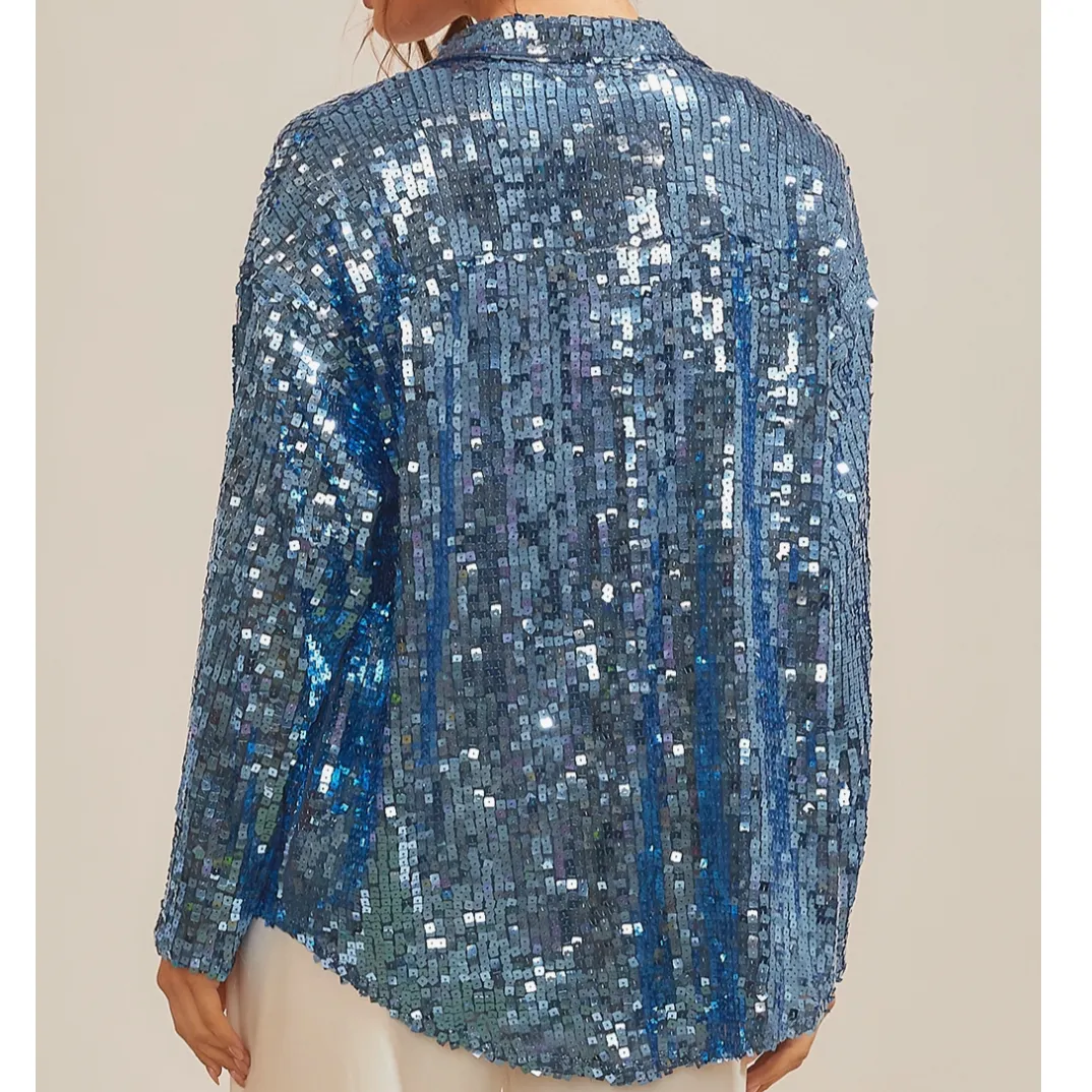 Shimmer & Sparkle Blue Sequined Collared Shirt