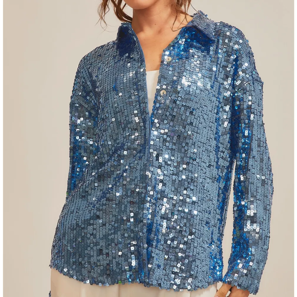 Shimmer & Sparkle Blue Sequined Collared Shirt