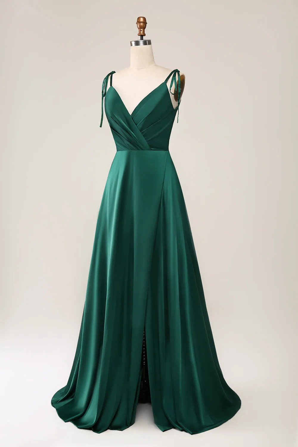 Simple Dark Green Spaghetti Straps Ruched Maxi Dress with Slit