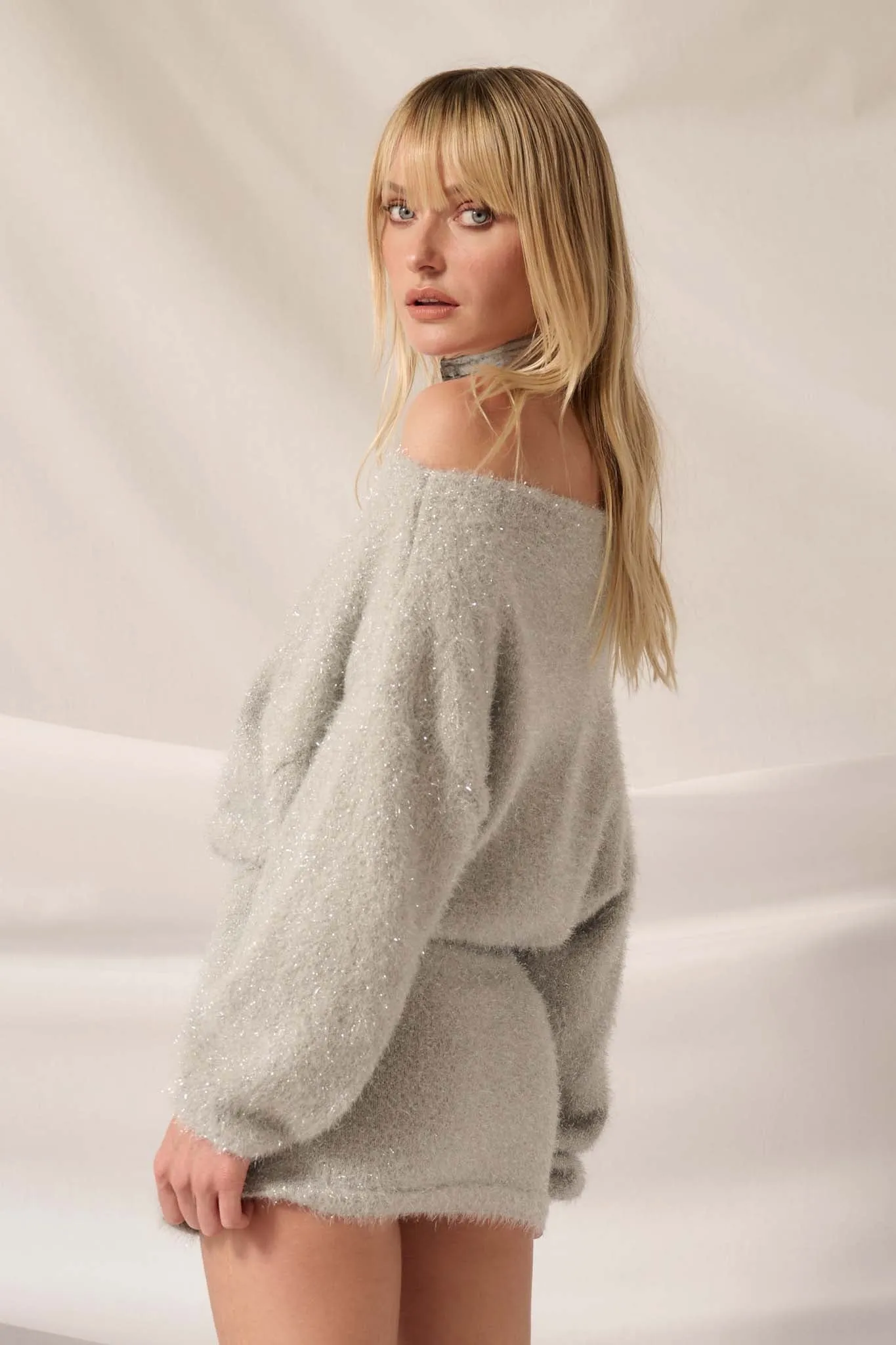 Snow Bunny Metallic Fuzzy Knit Boatneck Mini Dress